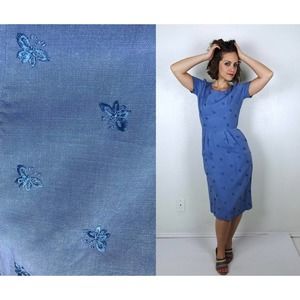 vintage 50s Embroidered BUTTERFLIES Blue WIGGLE DRESS Medium pinup cocktail vtg